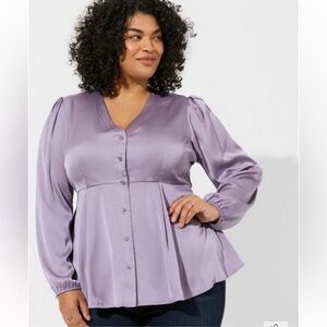 NWT Torrid Satin Peplum Blouse Empire Waist Purple Long Sleeve Button Front Top